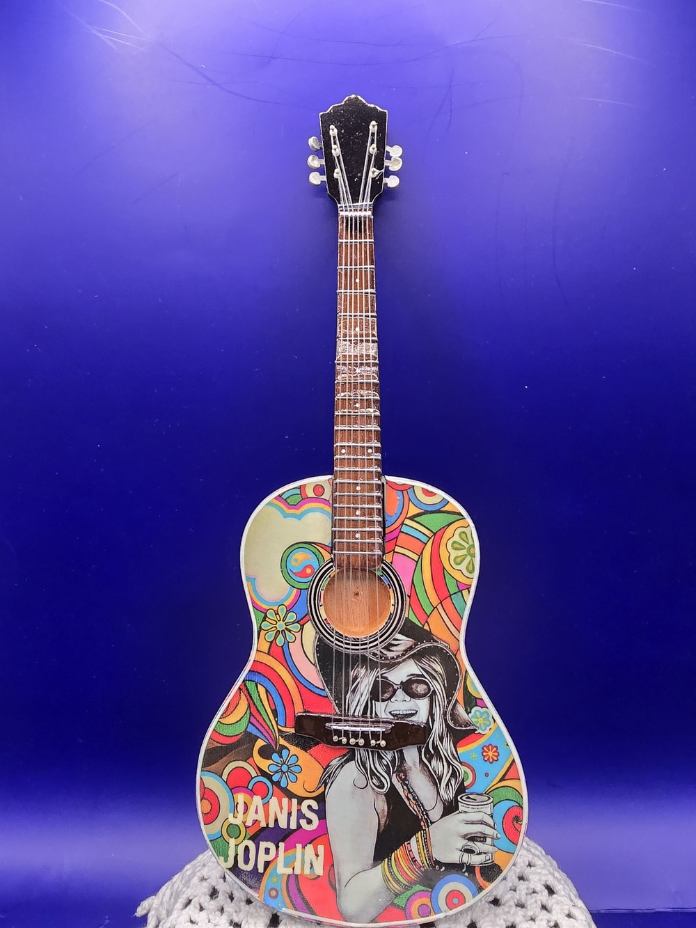 Acoustic Guitar with Colorful Janis Joplin Artwork - Mini 1:4 W/Stand New